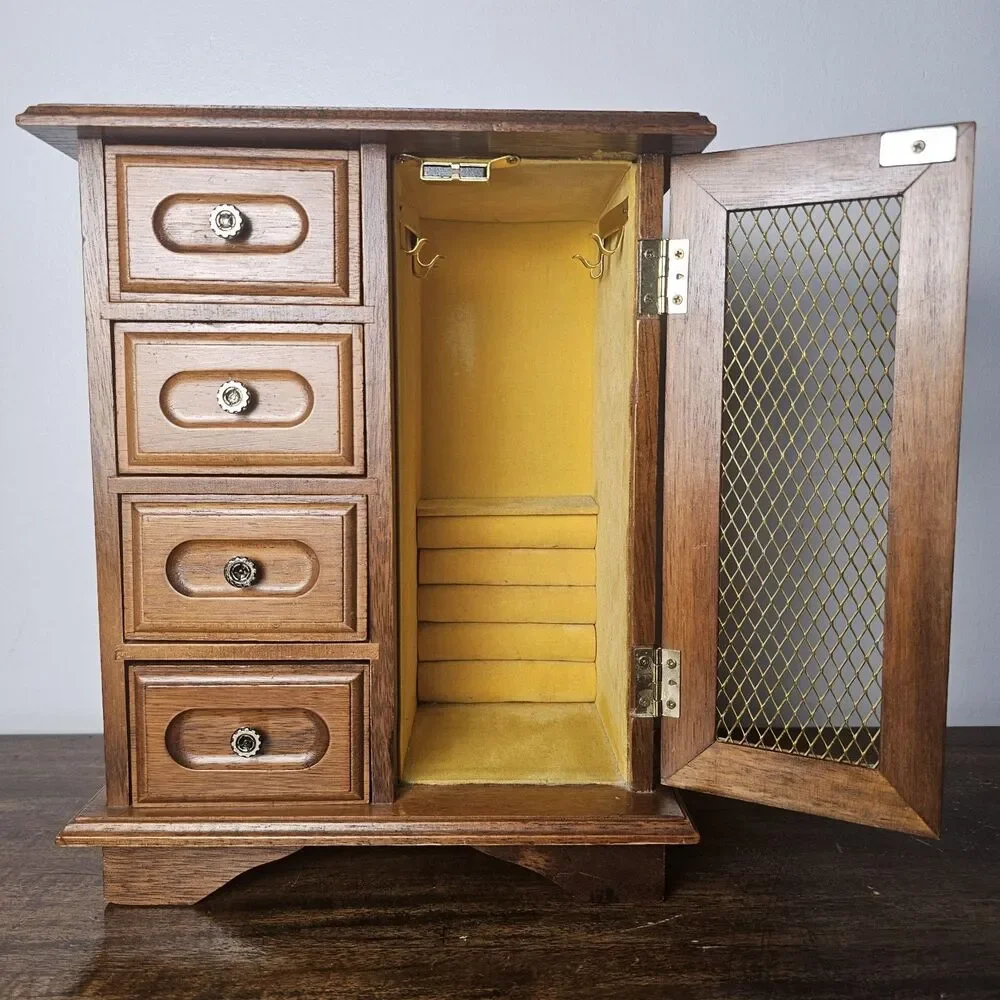 Vintage Musical Wooden Jewelry Armoire Box Gold Mesh Door Velvet Lined Necklace